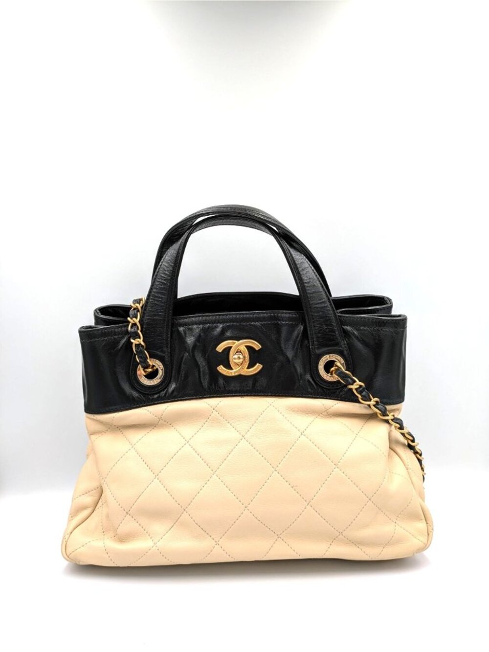 Pre-owned Chanel Calfskin Quilted In-The-Mix Small Shopping Tote Beige Black